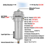 63 CFM Compressed Air Oil-Water Separator Precision Filter,1μm,Oil Content 1ppm, With Auto Drain, Pressure Indicator