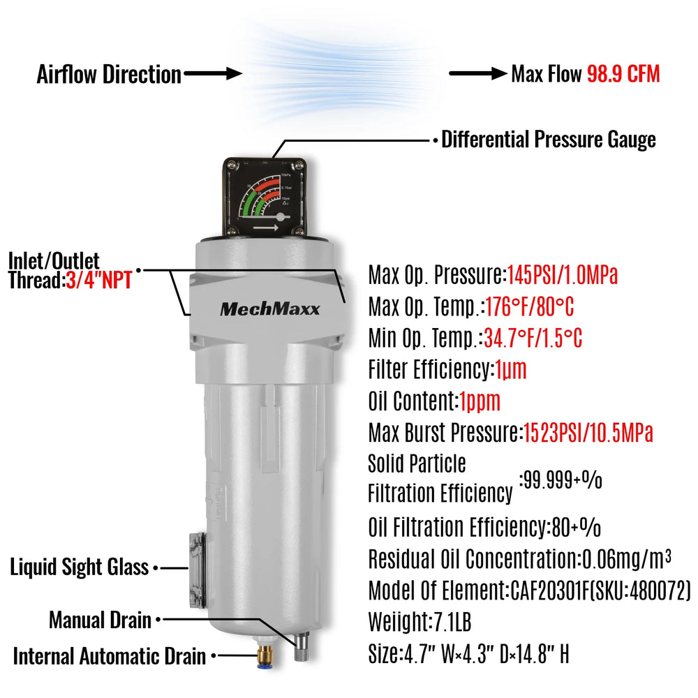 99 CFM Compressed Air Oil-Water Separator Precision Filter,1μm,Oil Content 1ppm, With Auto Drain, Pressure Gauge