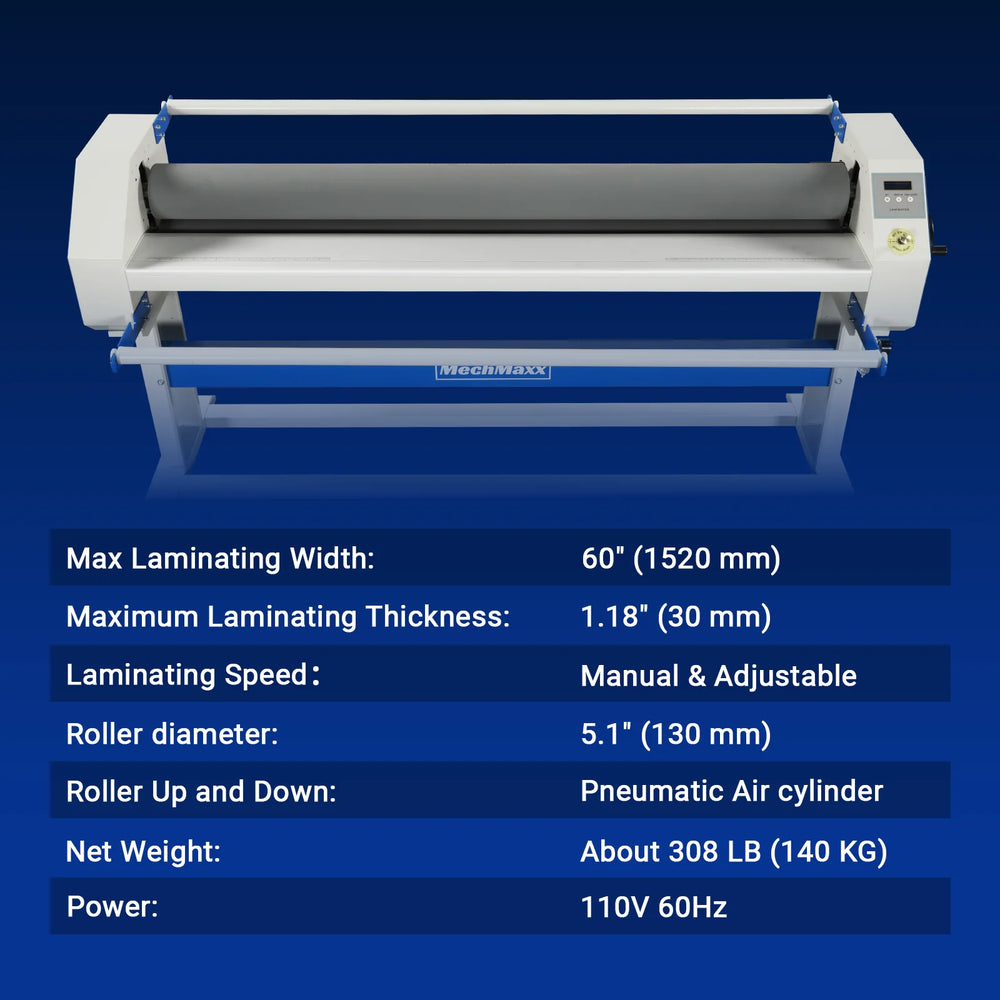 63" Wide Format Pneumatic Laminator Manual Cold Laminating Machine 60" Max Laminating Width,Pneumatic Roller Lift Portable Stand Included, 0.78" Max Thickness (Requires Air Compressor, Not Included) 1600-C2
